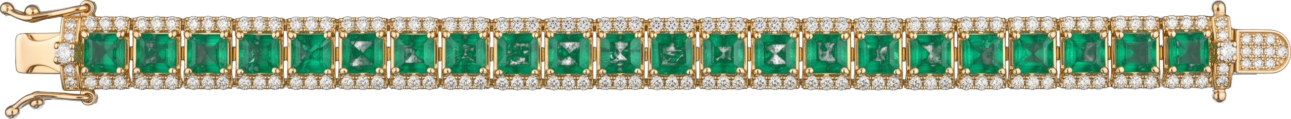 Pulsera en oro de 18 kilates con esmeraldas colombianas talla cuadrada y diamantes